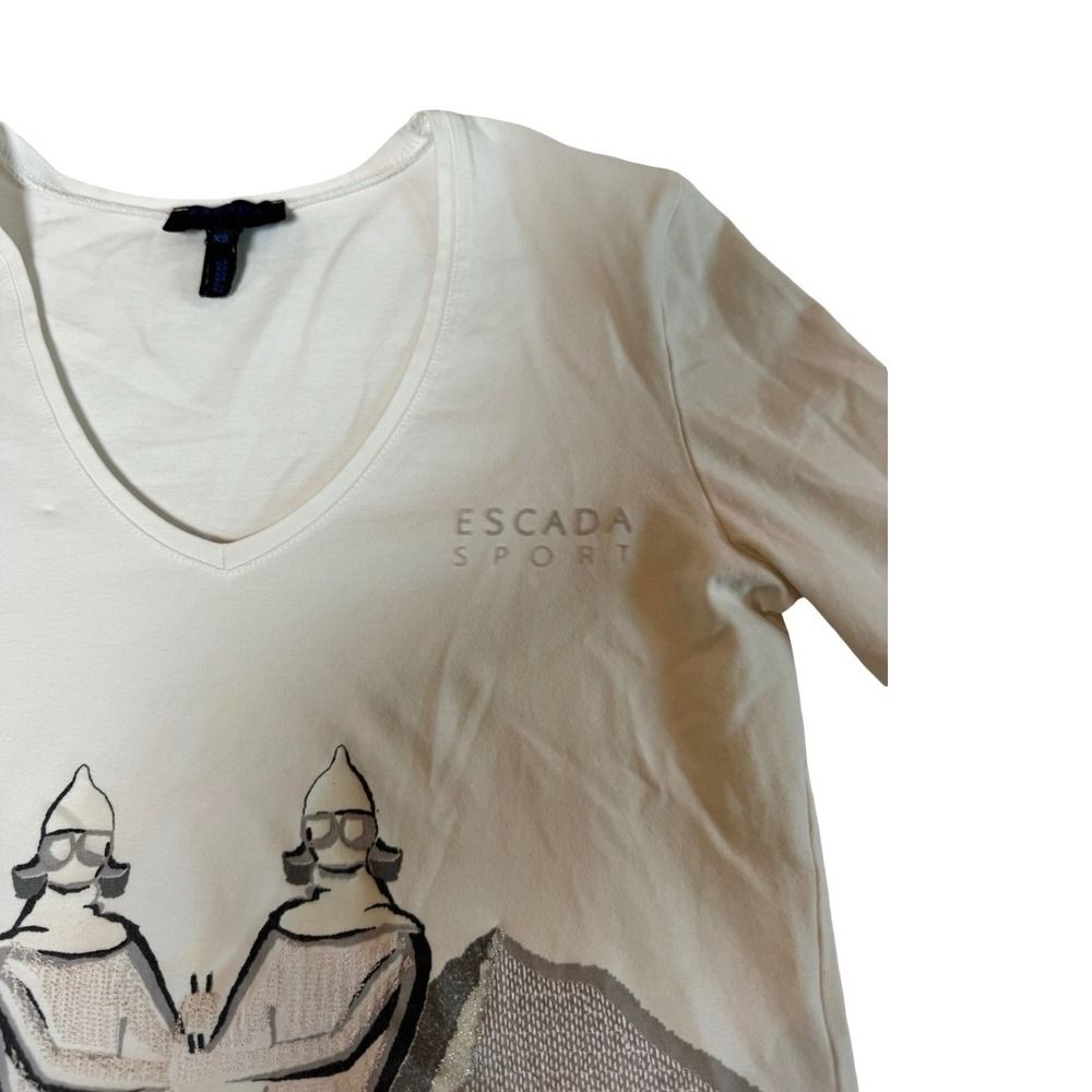 Escada Sport White Ski Graphic V-Neck Long Sleeve Top Glitter Accents XS Greece - Picture 4 of 7